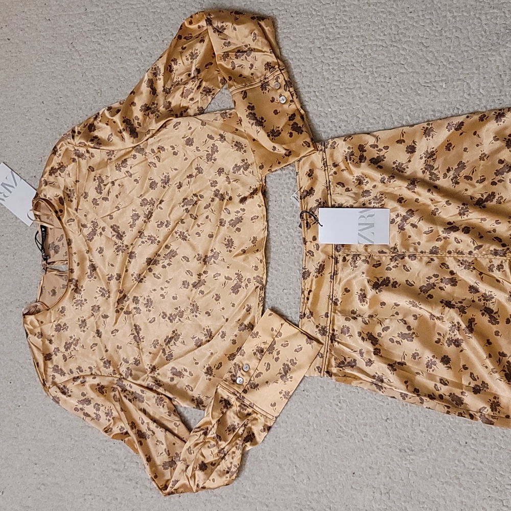NWT Zara Satin Croped Top and Midi Skirt Set in Copper - Picture 9 of 13